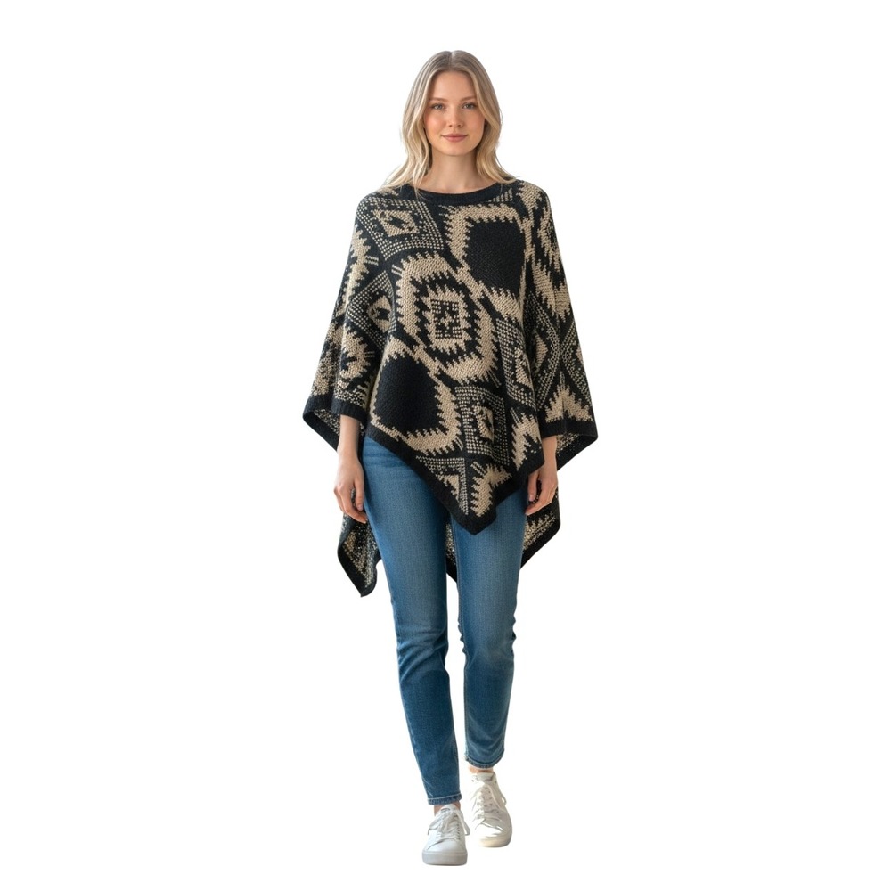Love Spray Womens Black Cream Geometric‎ Wool Blend Knit Poncho Cape Sweater